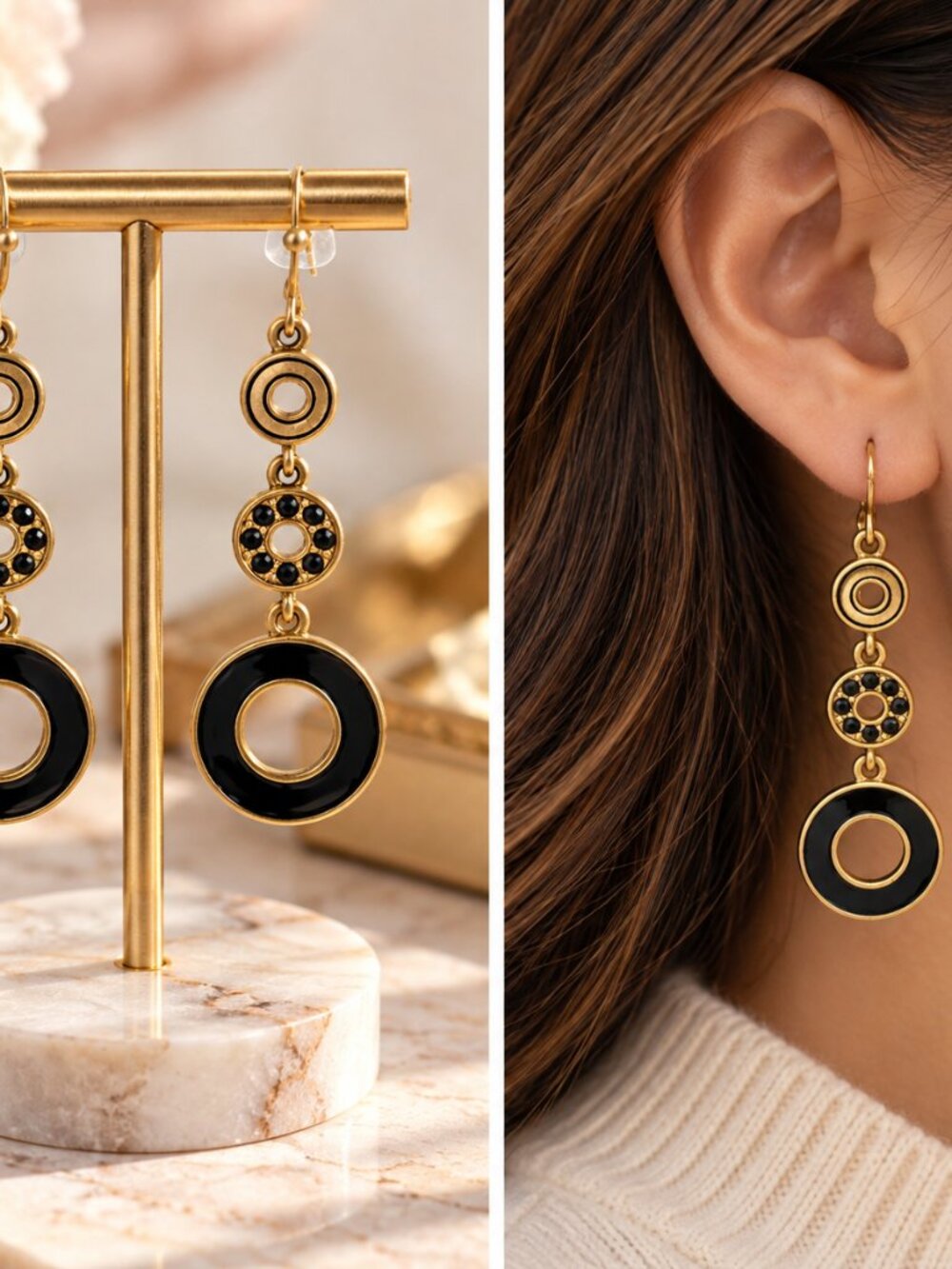 Black Enamel Gold Tone Geometric Dangle Statement Earrings